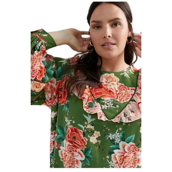 Farm Rio Long Sleeve Green Floral Dress 1X NWT Elinor Tunic Ruffle Short Flowy - Picture 15 of 15